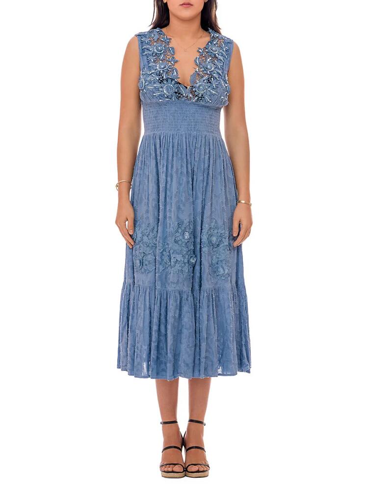 Ranee's Women's Smocked Lace Peasant Dress - Blue Cover