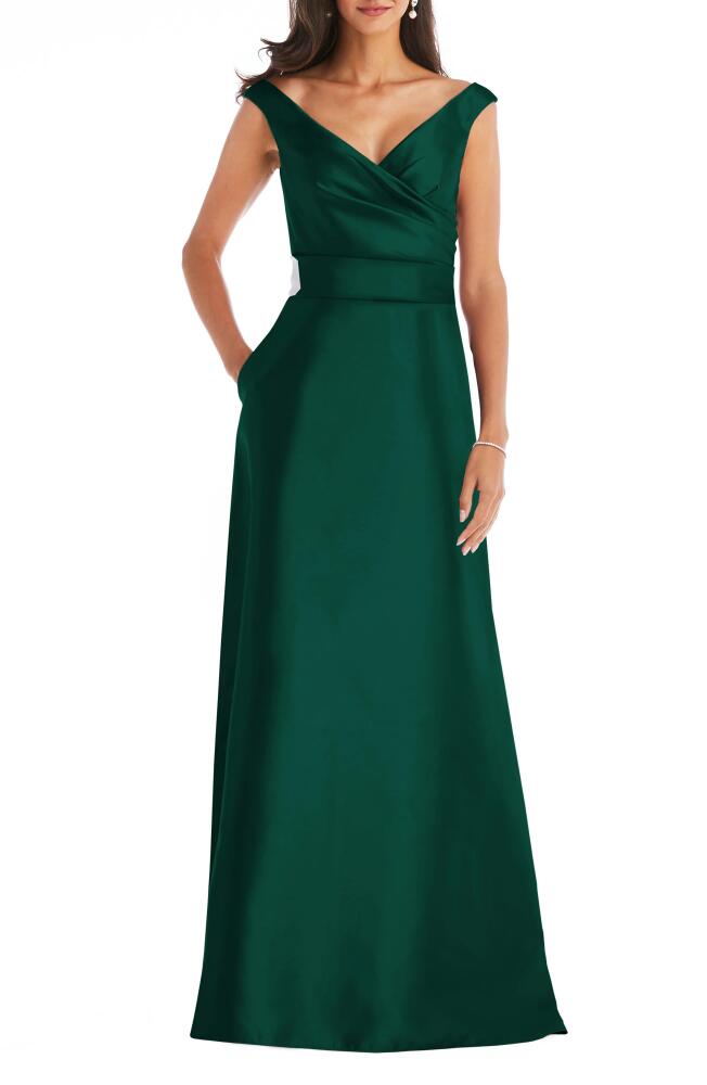 Alfred Sung Off the Shoulder Satin Gown in Hunter Cover