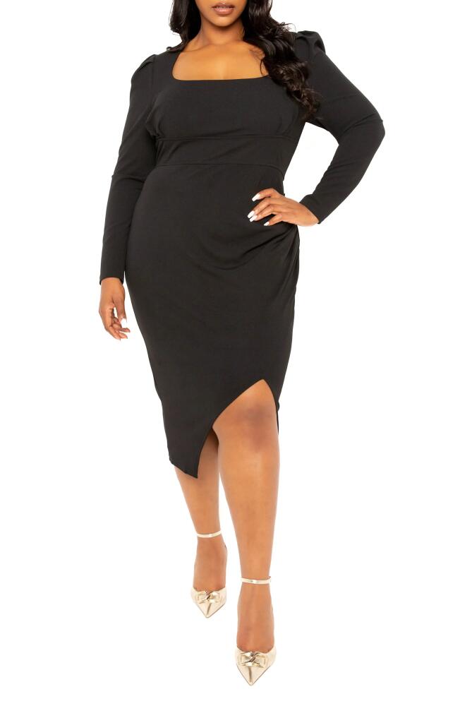 BUXOM COUTURE Puff Shoulder Long Sleeve Asymmetric Midi Sheath Dress in Black Cover