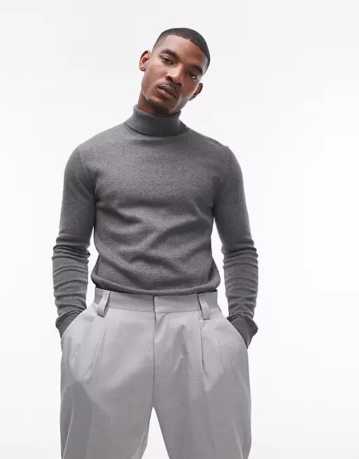 Topman essential turtleneck sweater in charcoal-Gray Cover