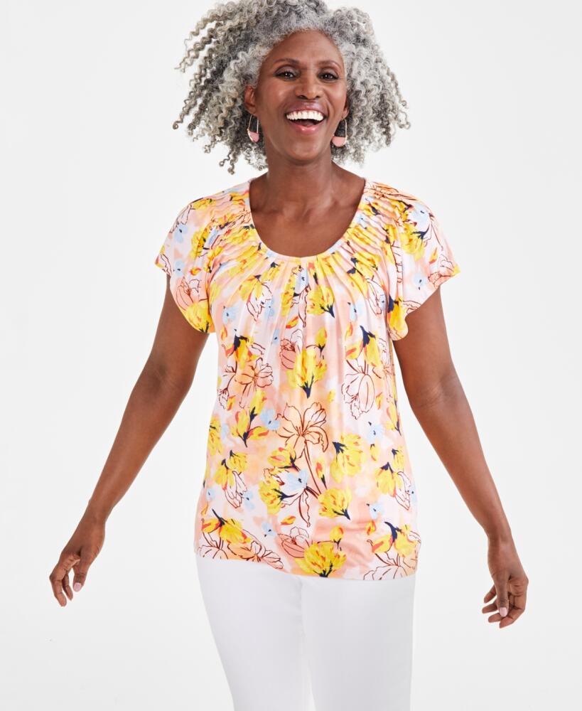 Style & Co Petite Floral Pleat-Neck Knit Top, Created for Macy's - Arles Pink Cover