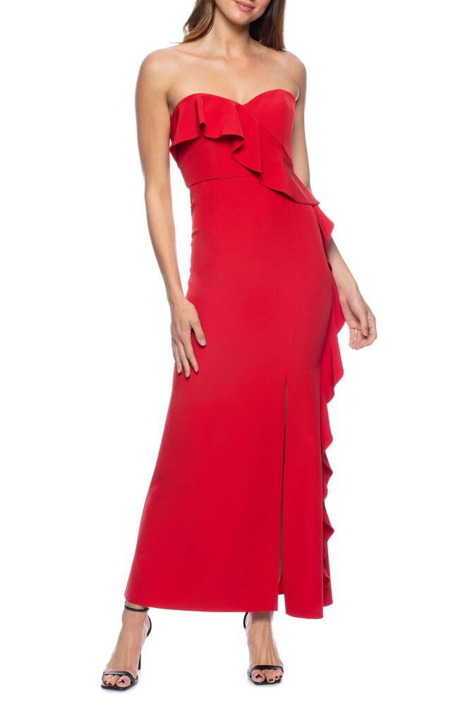 Marina Cascade Ruffle Off the Shoulder Gown in Red Cover