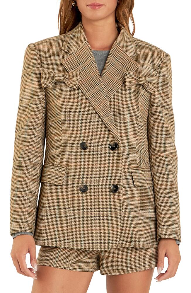 English Factory Glen Check Bow Detail Double Breasted Blazer in Brown Cover