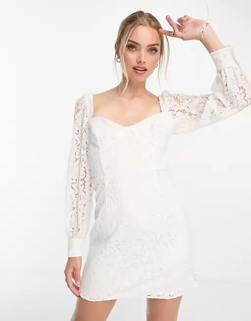 French Connection long sleeve mini dress in white lace Cover