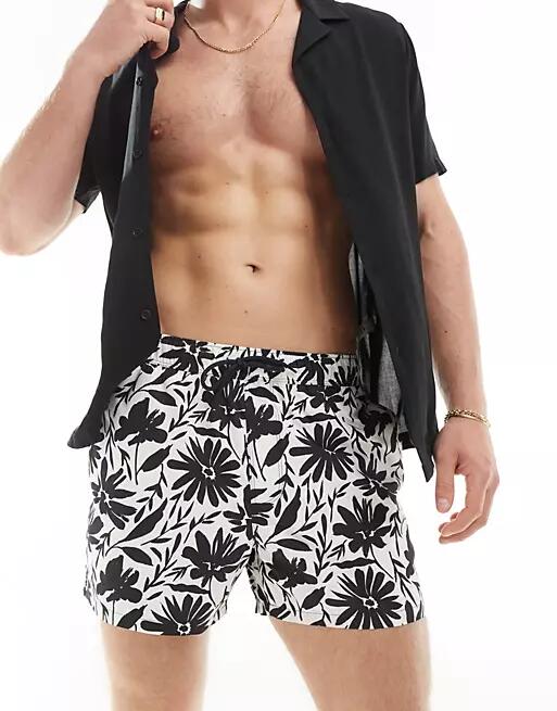 ASOS DESIGN swim shorts in short length in hand painted floral print-White Cover