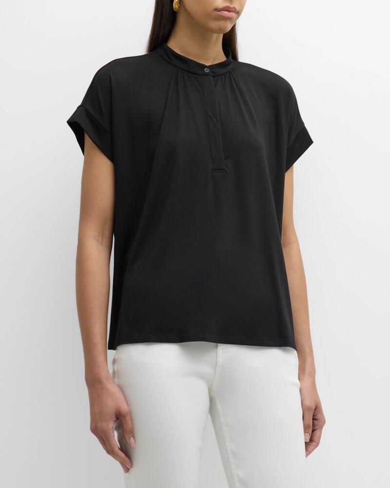 Eileen Fisher Band-Collar Ruched Jersey Henley Top Cover