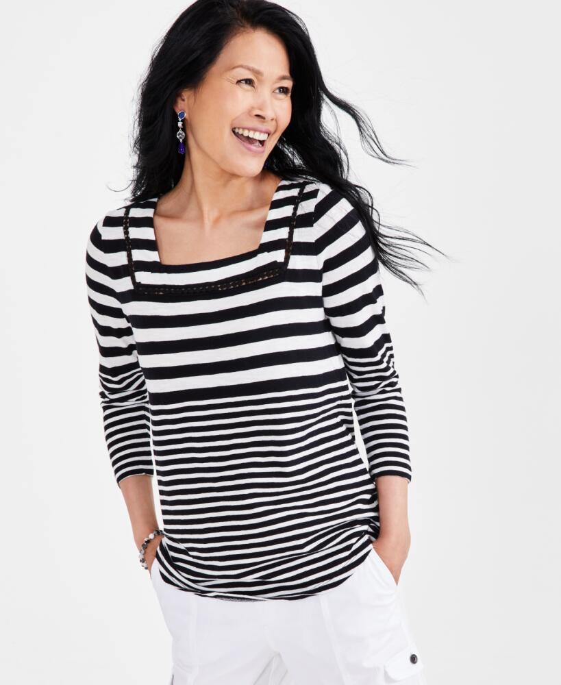 Style & Co Women's Printed Square-Neck 3/4-Sleeve Cotton Top, Created for Macy's - Black Stripe Cover