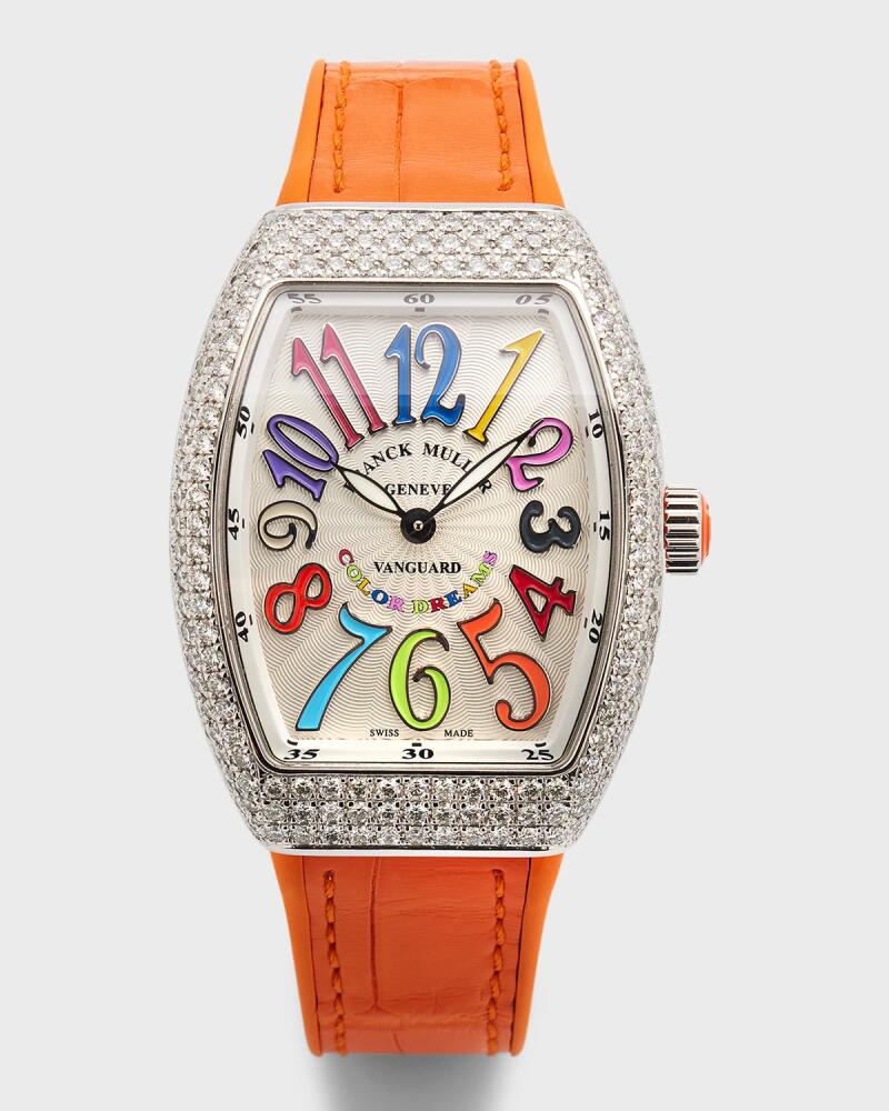 Franck Muller 32mm Stainless Steel Vanguard Color Dreams Diamond Watch with Orange Alligator Strap Cover