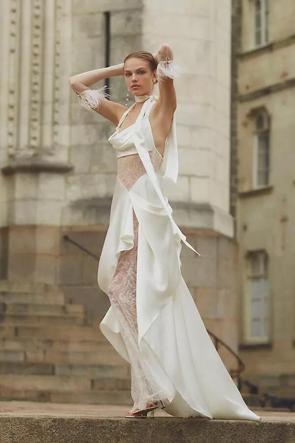 Watters Venus Satin & Lace Draped Wedding Gown Cover