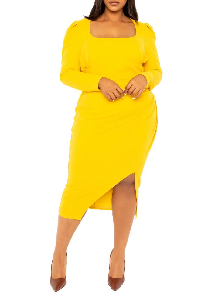 BUXOM COUTURE Puff Shoulder Long Sleeve Asymmetric Midi Sheath Dress in Mustard Cover