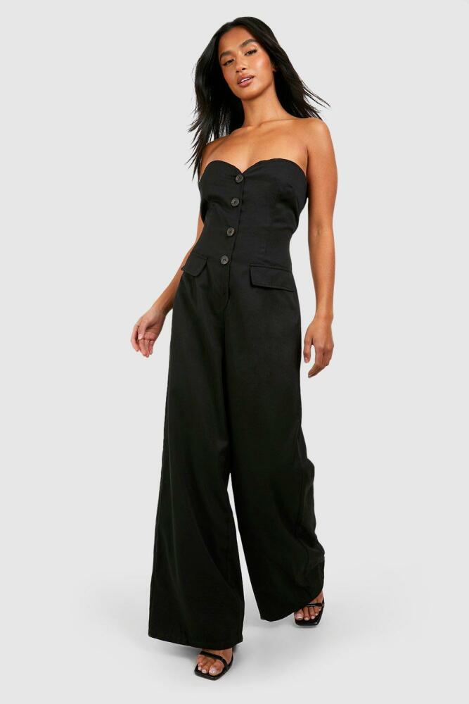 boohoo Womens Petite Bandeau Sweetheart Tailored Jumpsuit - Black Cover