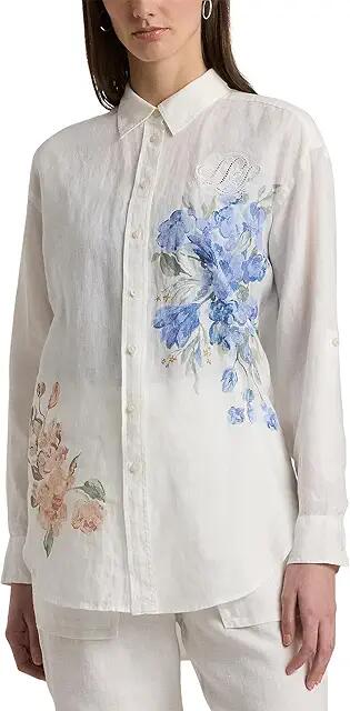 LAUREN Ralph Lauren Oversize Floral Eyelet-Logo Linen Shirt (White) Women's Clothing Cover