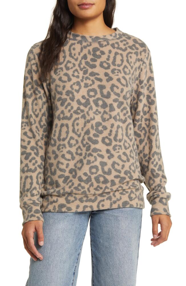 Loveappella Leopard Print Long Sleeve Hacci Knit Top in Camel/Charcoal Cover