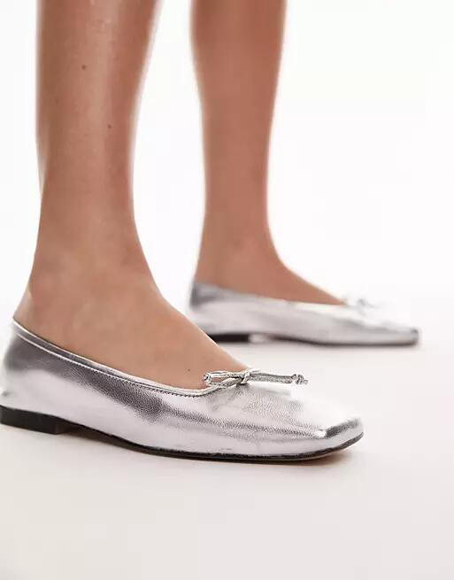 Topshop Bethany leather square toe unlined ballerina shoes in silver Cover