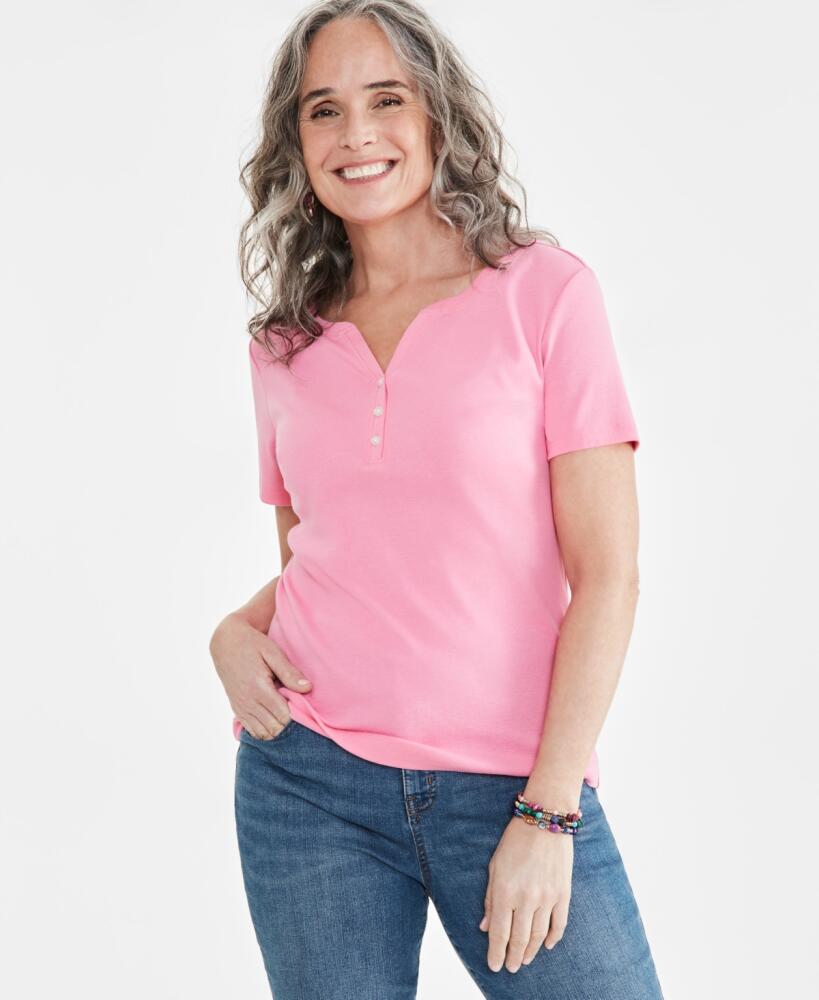 Style & Co Petite Cotton Henley Short-Sleeve T-Shirt, Created for Macy's - Pink Stiletto Cover