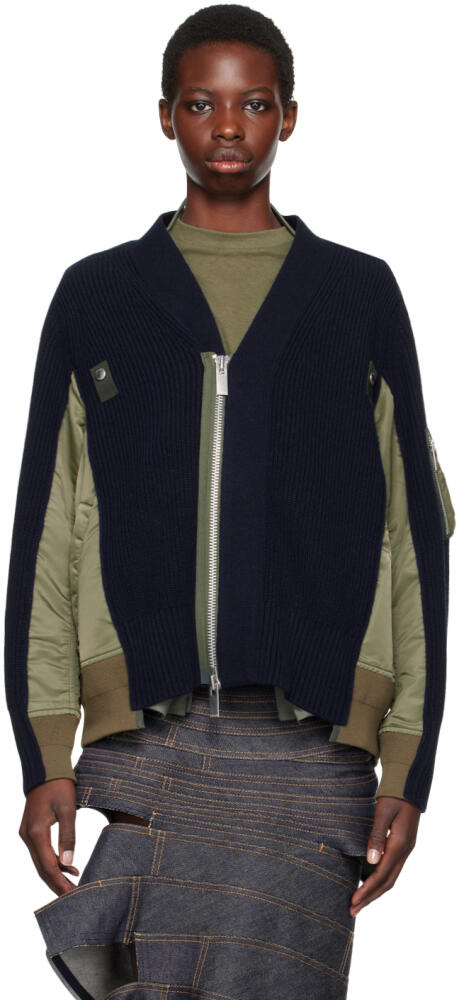 sacai Navy & Khaki Paneled Cardigan Cover