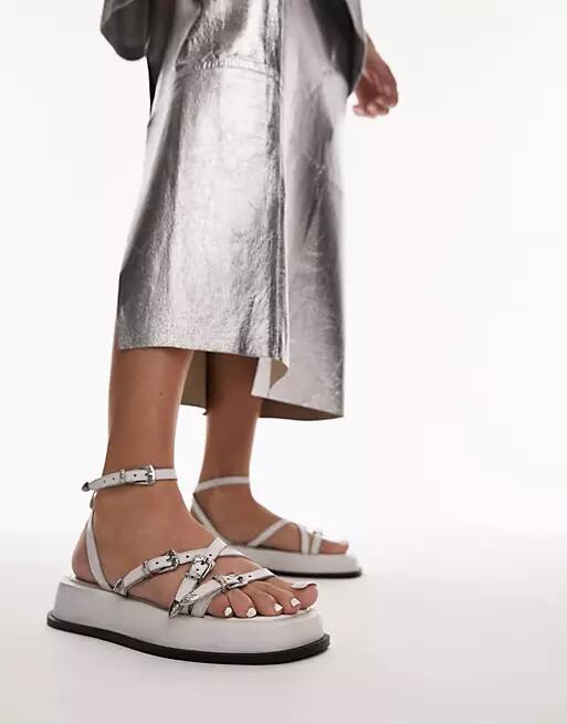 Topshop Kayla leather strappy sandals with buckle detail in white-Neutral Cover