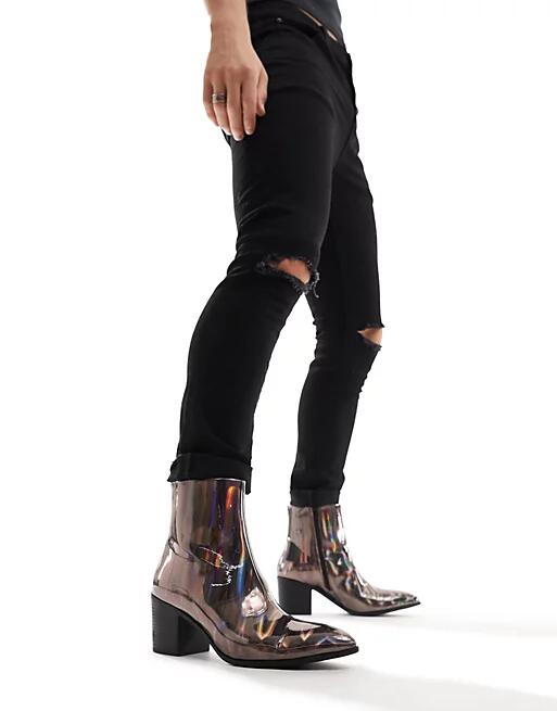 ASOS DESIGN heeled chelsea boots in iridescent faux leather-Silver Cover