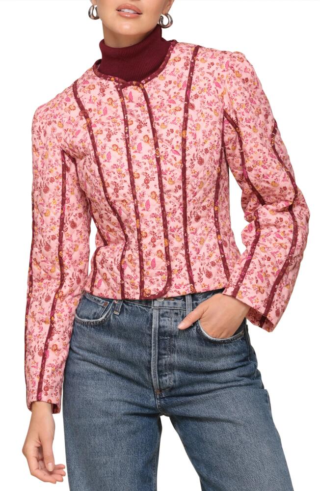 Avec Les Filles Floral Quilted Crop Jacket in Pink Burgundry Floral Cover