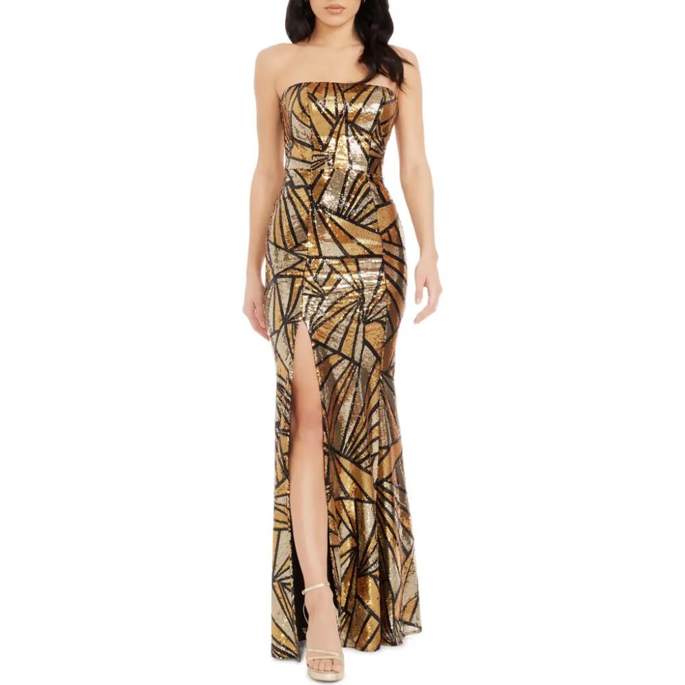 Dress the Population Janelle Abstract Print Sequin Strapless Trumpet Gown in Gold Multi Cover