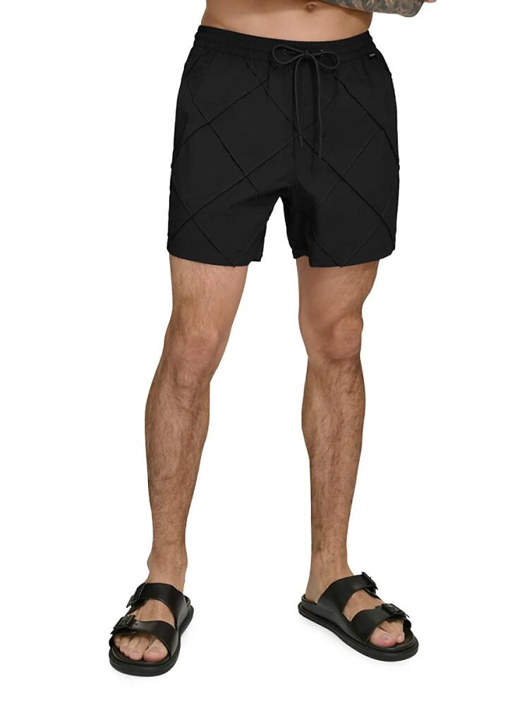 DKNY Men's Standard Fit Diamond Pintuck Volley Shorts - Black Cover