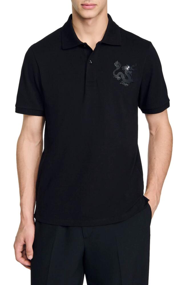 sandro Dragon Appliqué Cotton Polo in Black Cover