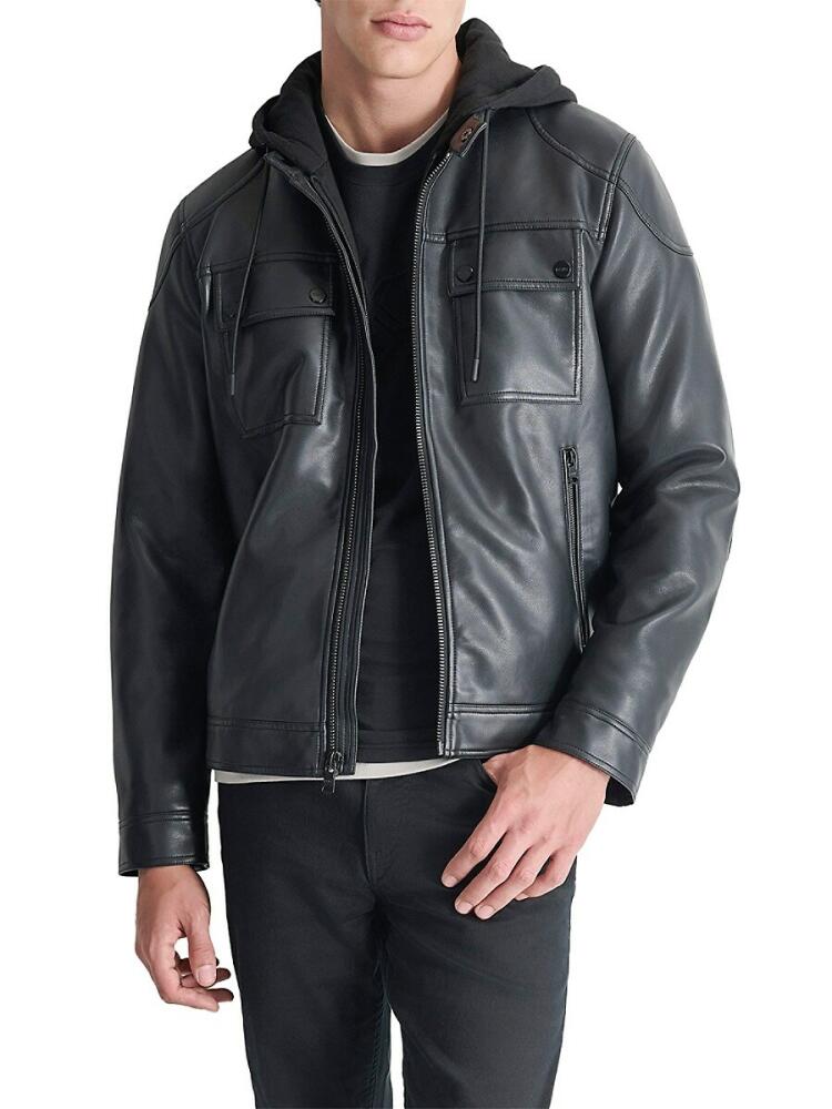 DKNY Men's Faux Leather Hooded Jacket - Black Cover