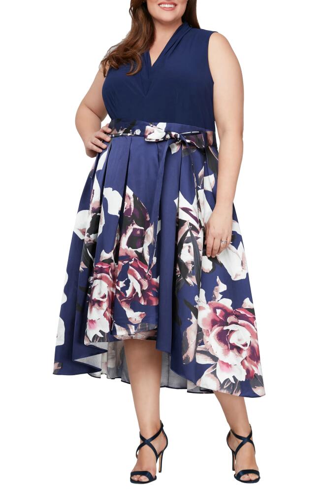 SL FASHIONS Floral Tie Belt High-Low Cocktail Dress in Navy Multi Cover