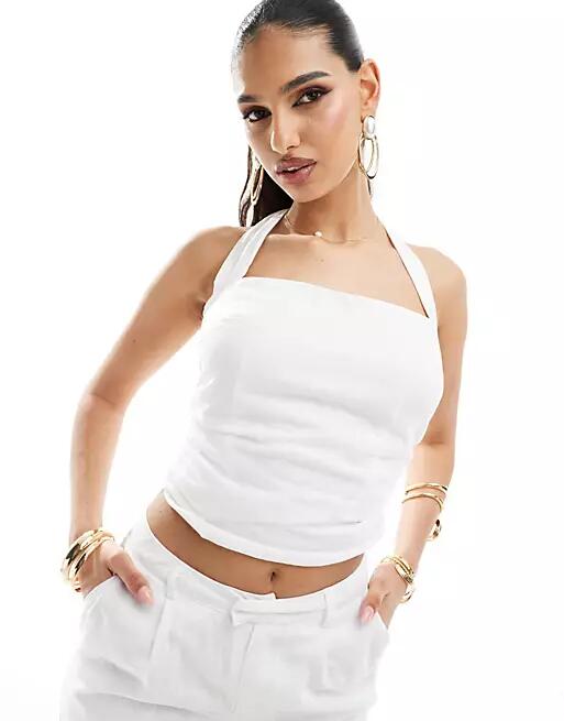 Kaia linen look halter square neck ruched detail top in white - part of a set Cover