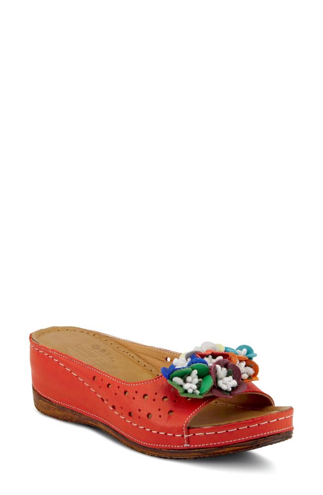 Spring Step Flower Child Slide Wedge Sandal in Red Leather Cover