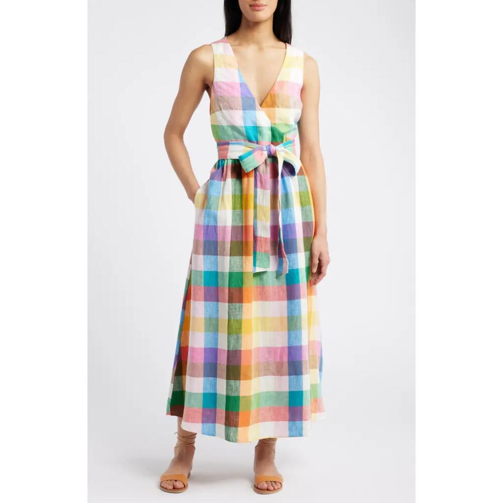 Boden Linen Midi Wrap Dress in Bright Neon Multi Gingham Cover