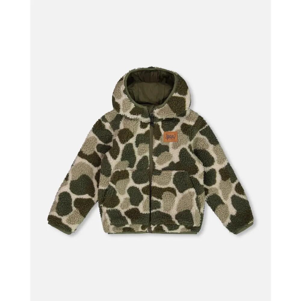 Deux par Deux Little Boy's Reversible Soft Fleece Jacket Camouflage Green in Kombu Green Cover