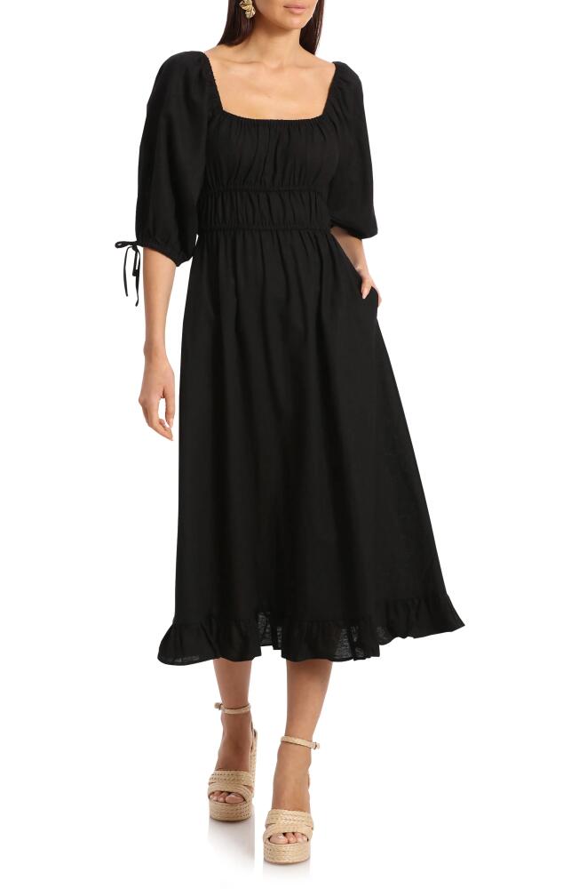 Avec Les Filles Ruched Bodice Linen Blend Midi Dress in Black Cover