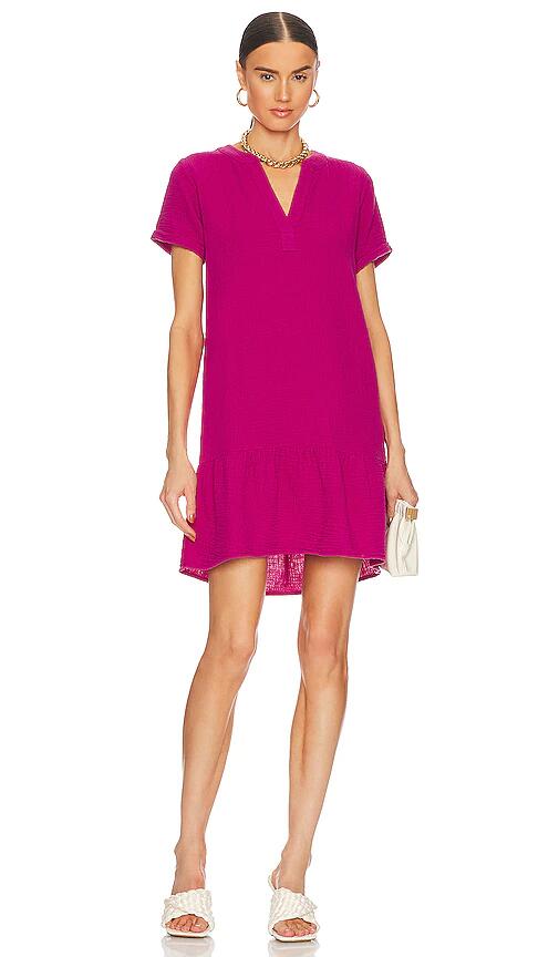 Bobi Split Neck Ruffle Hem Mini Dress in Fuchsia Cover