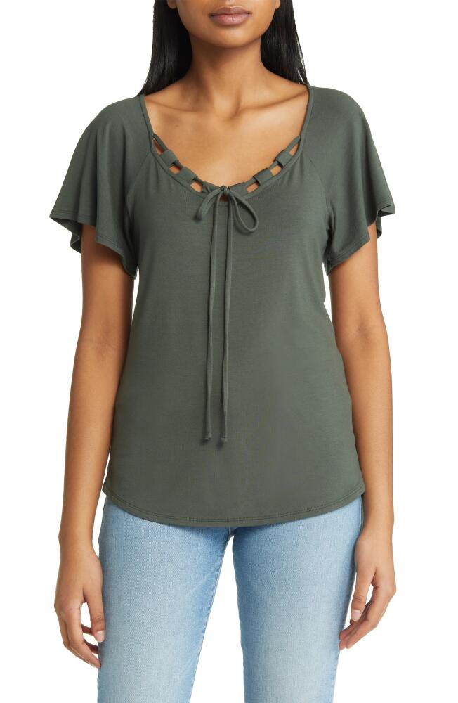 Loveappella Tie Neck Flutter Sleeve Top in Olive Cover