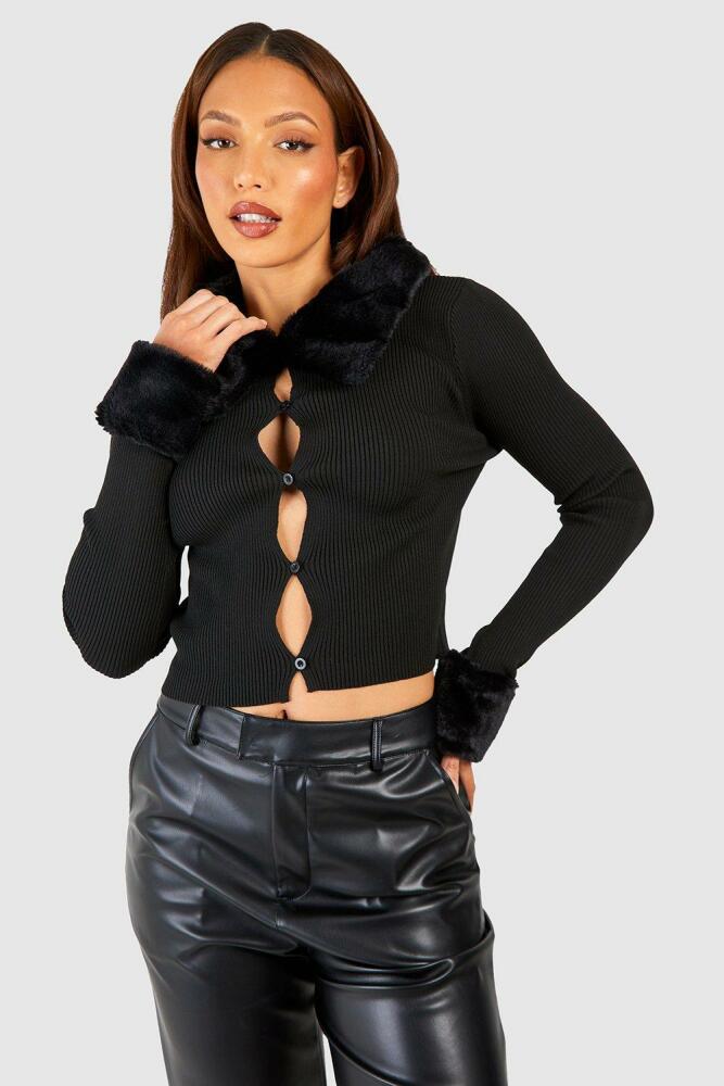 boohoo Womens Tall Faux Fur Trim Knitted Crop Cardigan - Black Cover