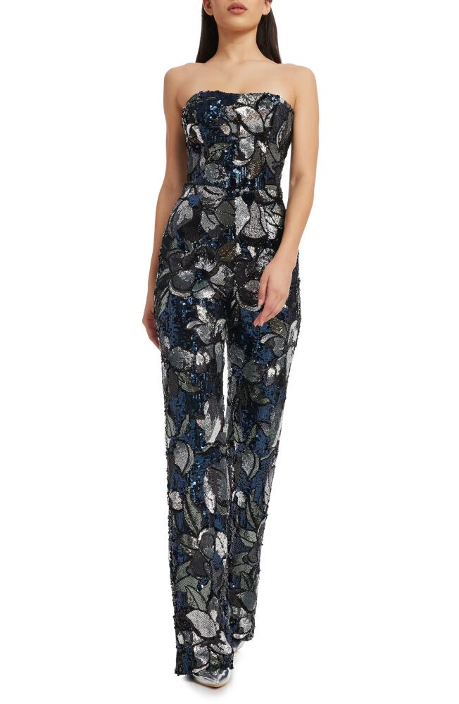 Dress the Population Andy Sequin Strapless Jumpsuit in Navy Multi Cover