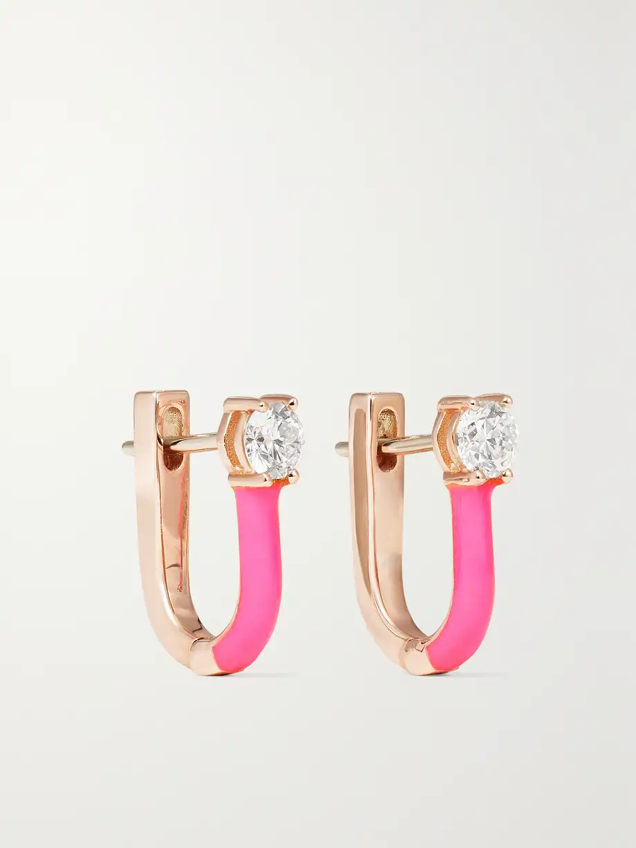 Melissa Kaye - Aria U Huggie 18-karat Pink Gold, Enamel And Diamond Hoop Earrings - One size Cover