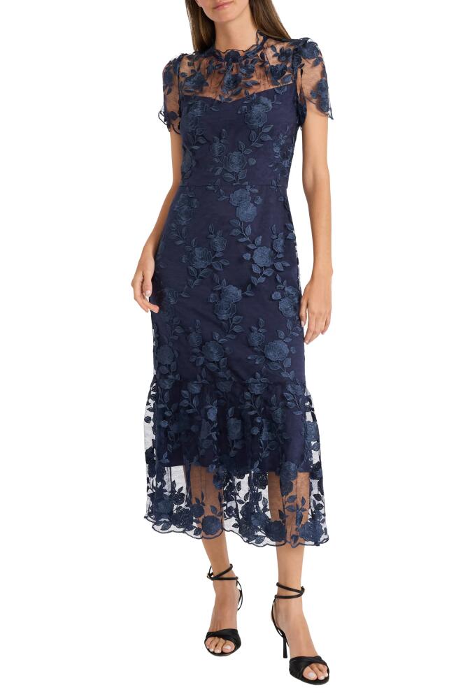 Maggy London Embroidered Floral Overlay Cocktail Dress in Twilight Navy Cover