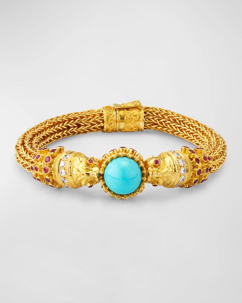 NM Estate Estate 18K Yellow Gold Turquoise and Ruby Tubular Mesh Bangle Bracelet with Diamonds Cover