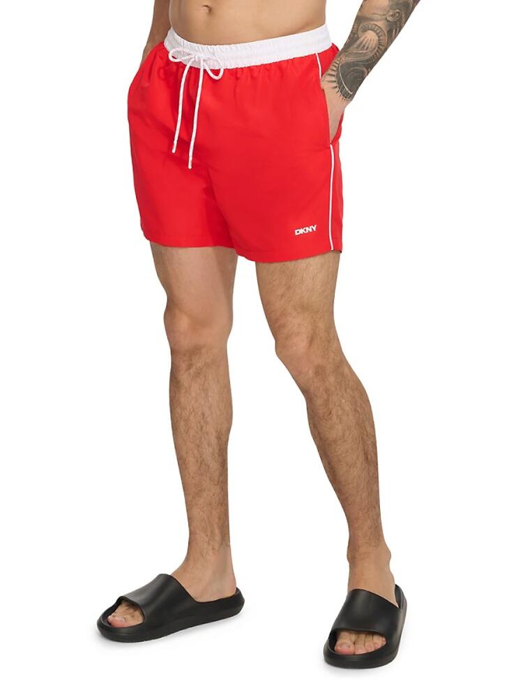 DKNY Men's Standard Fit Flat Front Swim Shorts - Red Cover