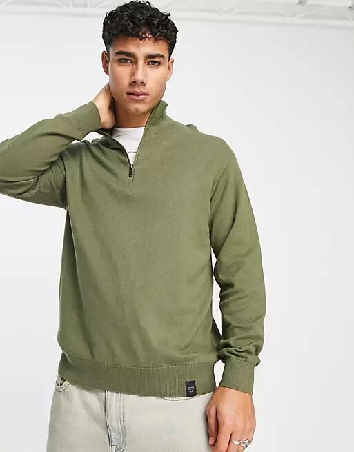 Pull & Bear half zip sweater in khaki-Green Cover