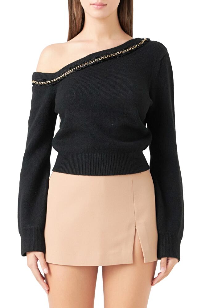 Endless Rose Chain Trim One-Shoulder Sweater in Black Cover