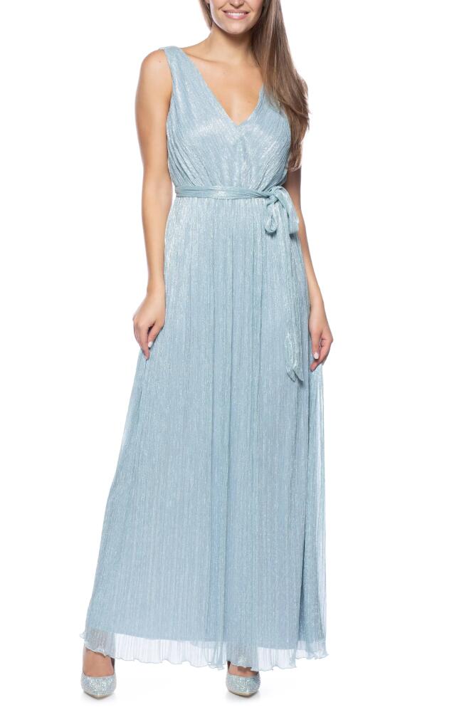 Marina Metallic Pleated Tie Waist Sleeveless Gown in Sky Cover