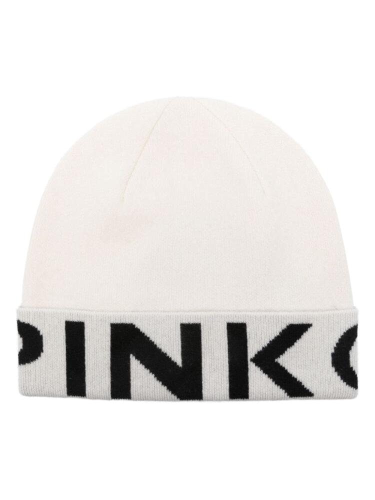 PINKO intarsia knit-logo two-tone beanie - White Cover