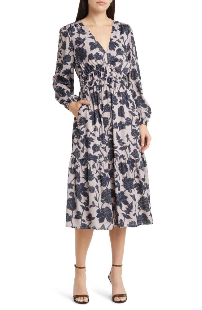 Lost + Wander Amina Floral Print Long Sleeve Midi Dress in Grey-Multi Cover