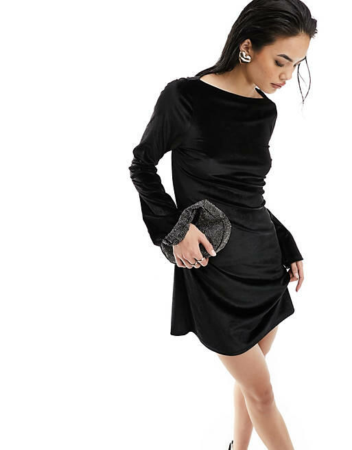 Monki long sleeve velvet mini dress in black Cover