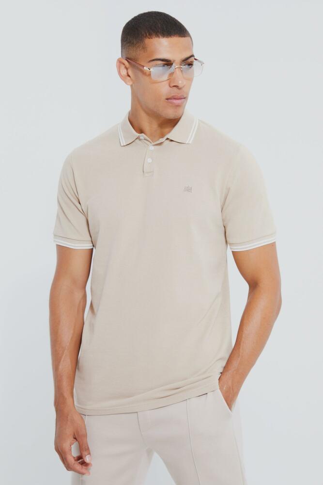 boohoo Mens Crown Embroidered Tipped Pique Polo - Beige Cover