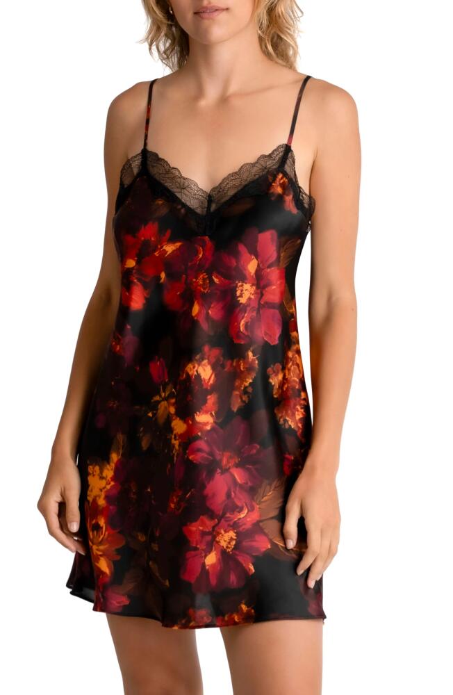 Midnight Bakery Dylan Floral Print Lace Trim Satin Chemise in Black Cover