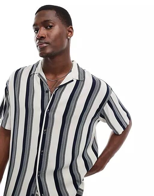 Jack & Jones oversized revere collar shirt in navy stripe-White Cover